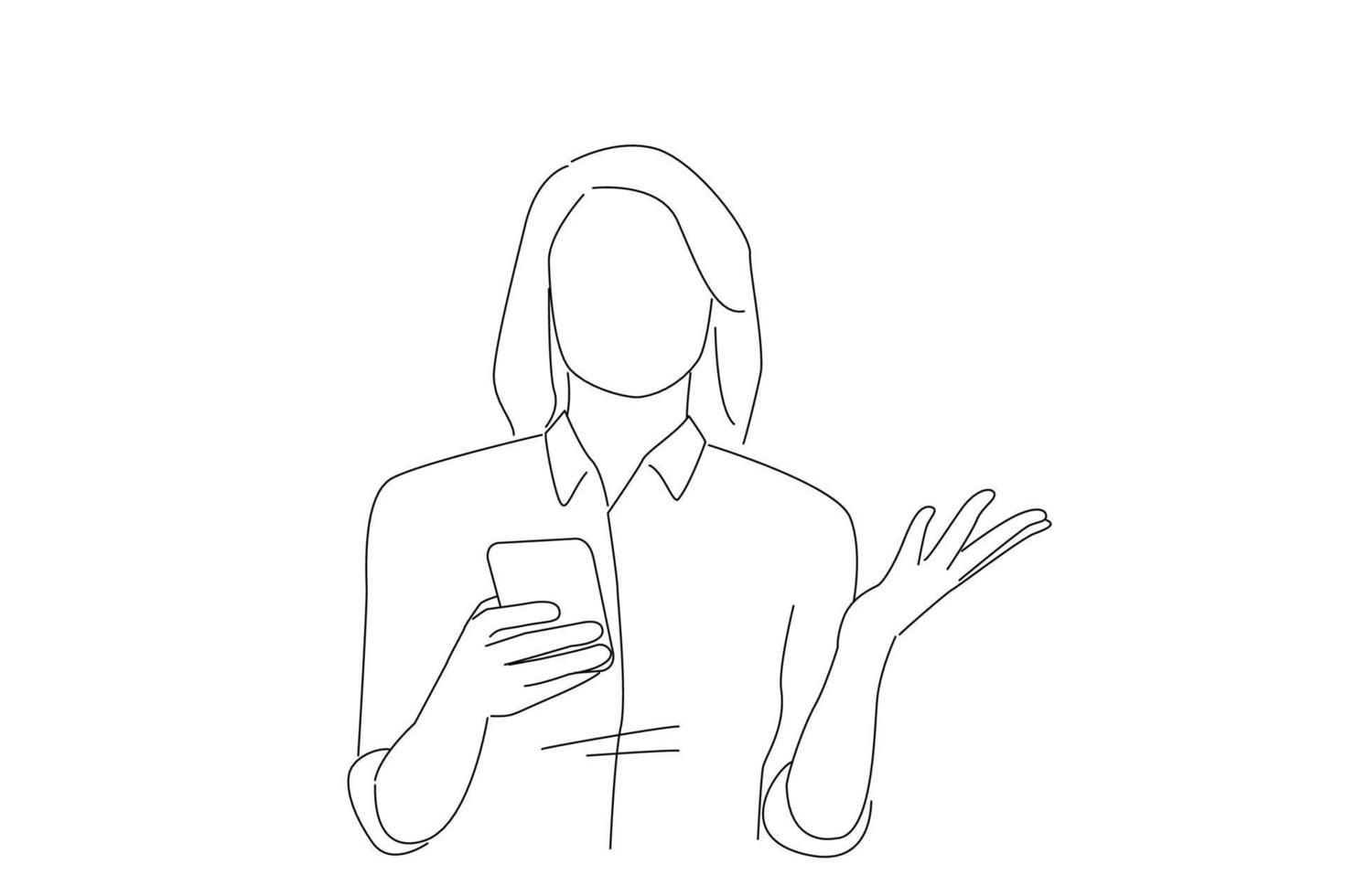 Illustration of confused young beautiful woman using mobile phone. One line art vector