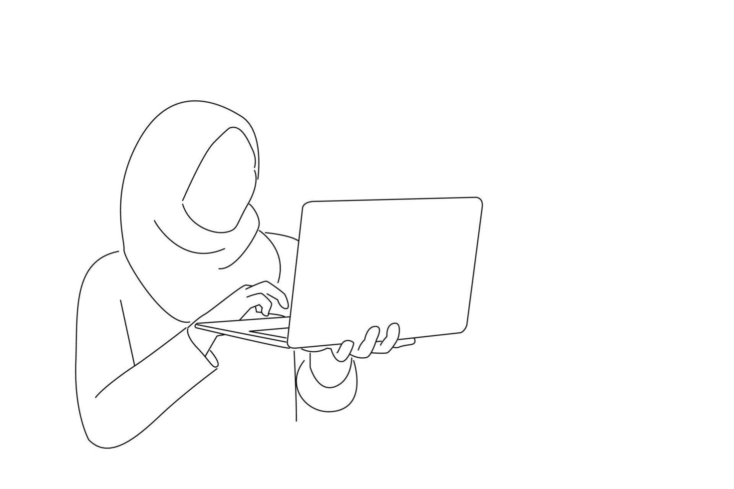 Illustration of beautiful muslim woman wearing hijab and using laptop. Line art style vector