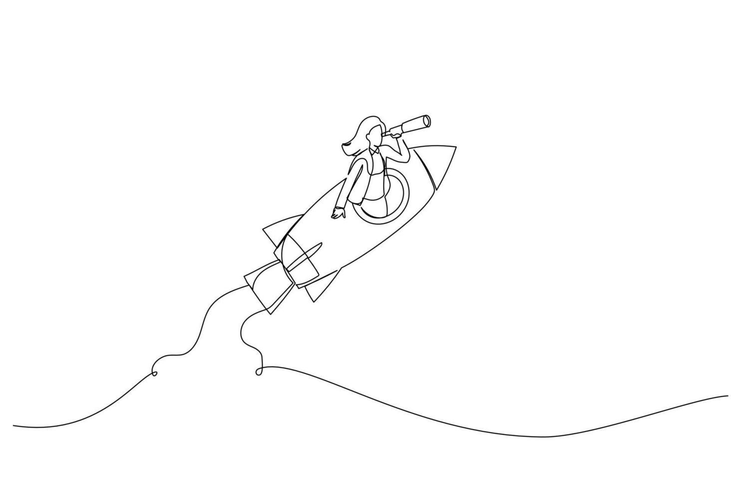 Drawing of businesswoman manager open rocket window using telescope looking forward. Entrepreneurship, leadership to see future vision. Single continuous line art vector