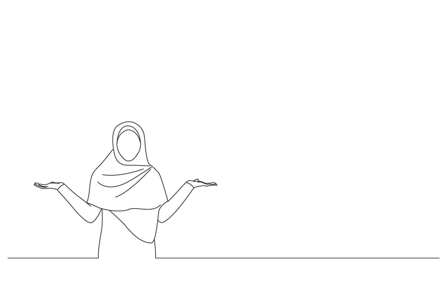 Illustration of joyful muslim woman in headscarf holding something on her empty palms, demonstrating or comparing options, spreading hands. One line art vector