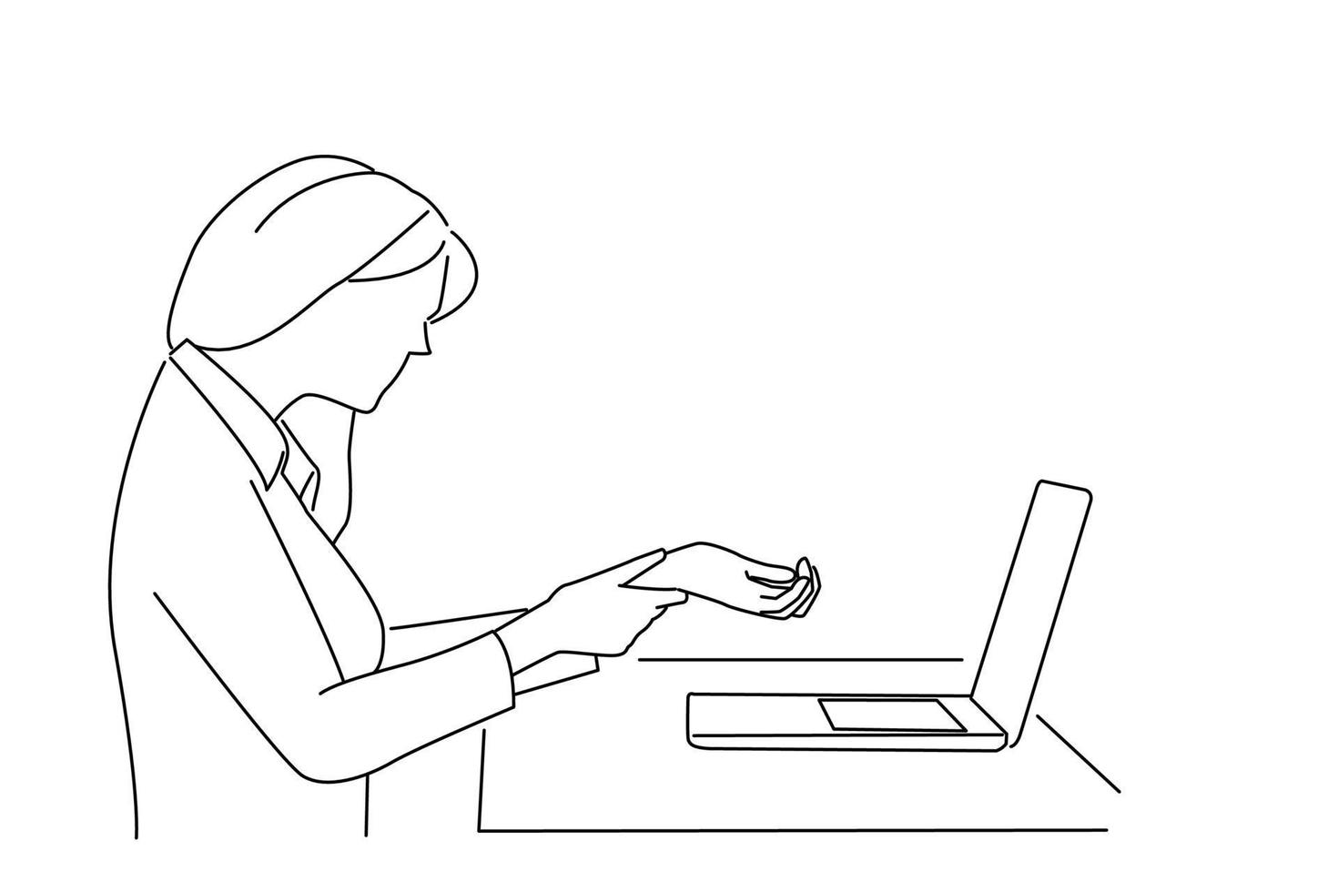 Cartoon of businesswoman with a laptop suffering from carpal tunnel syndrome. Outline drawing style art vector