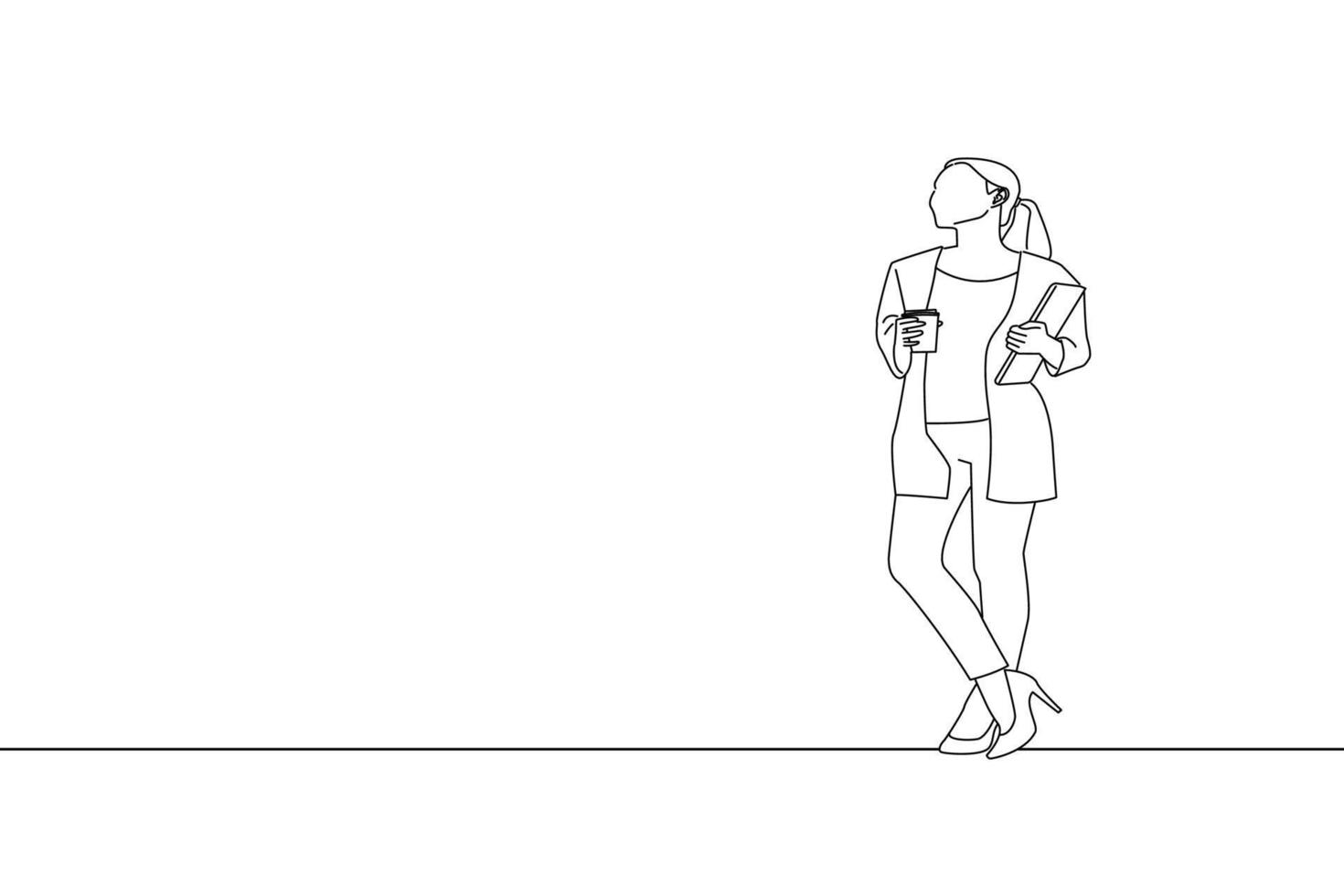 Illustration of businesswoman holding cup of coffee and laptop computer while standing and looking away at copy space. Outline drawing style art vector