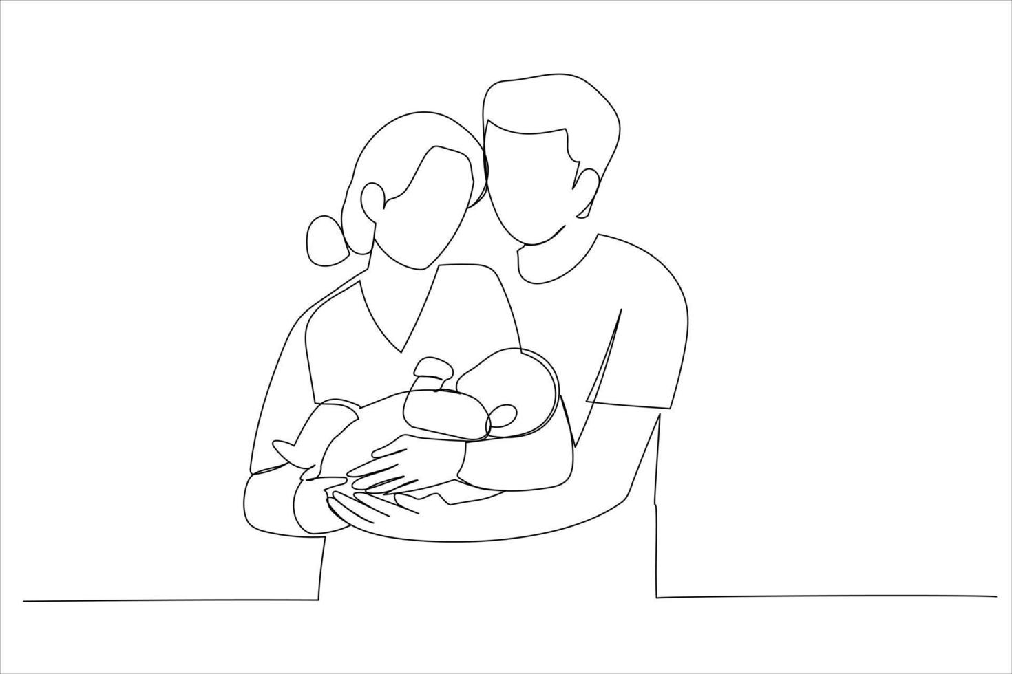 Illustration of woman and man holding a newborn. Mom, dad and baby. One line art style vector