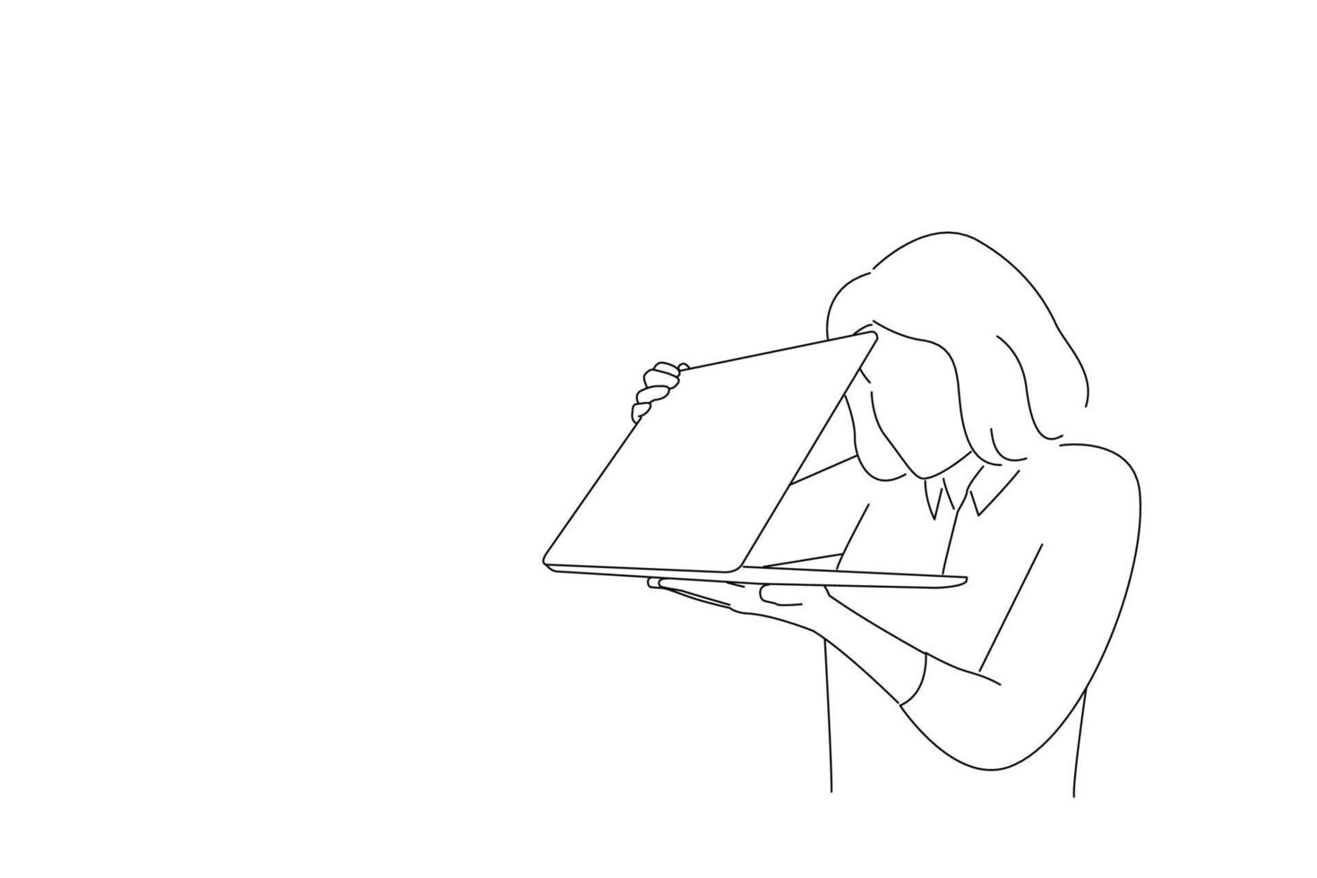 Drawing of shocked frightened woman looking furtively at half closed laptop screen, upset scared of error. Outline drawing style art vector