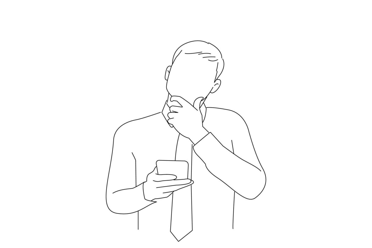 Drawing of handsome business man using smartphone very confused. Oneline art drawing style vector