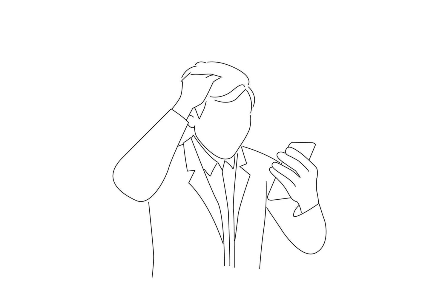 Cartoon of shocked and scary businessman get yelled from smartphone. Outline drawing style art vector