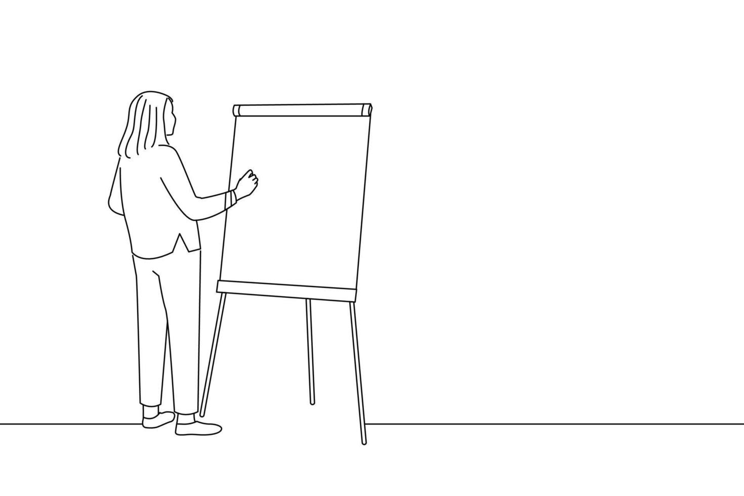 Drawing of female teacher conducts webinars, classes or school lessons writing on flip chart with a marker pen. Oneline art drawing style vector