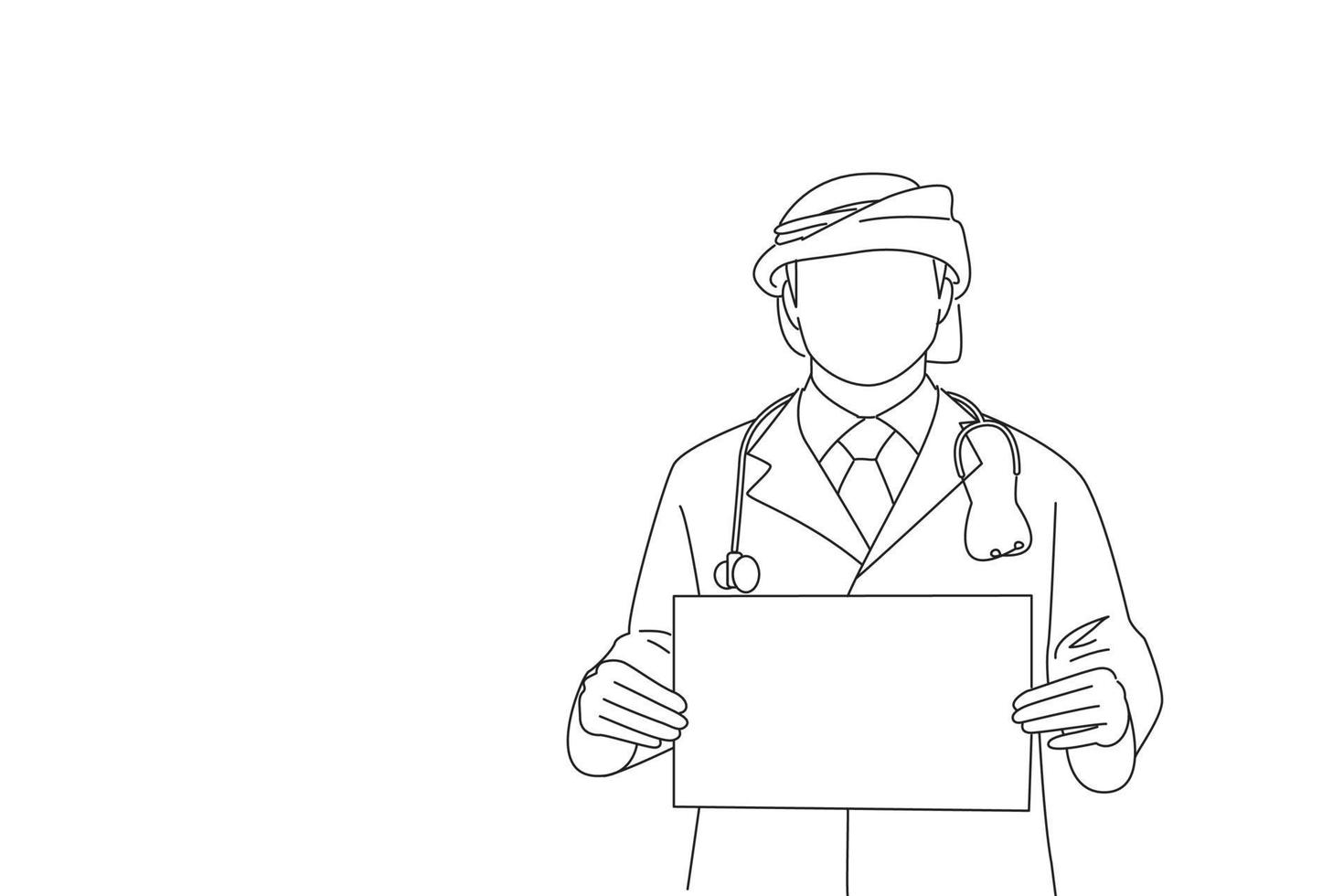 Drawing of arab doctor holding a white cardboard banner isolated. Outline drawing style art vector