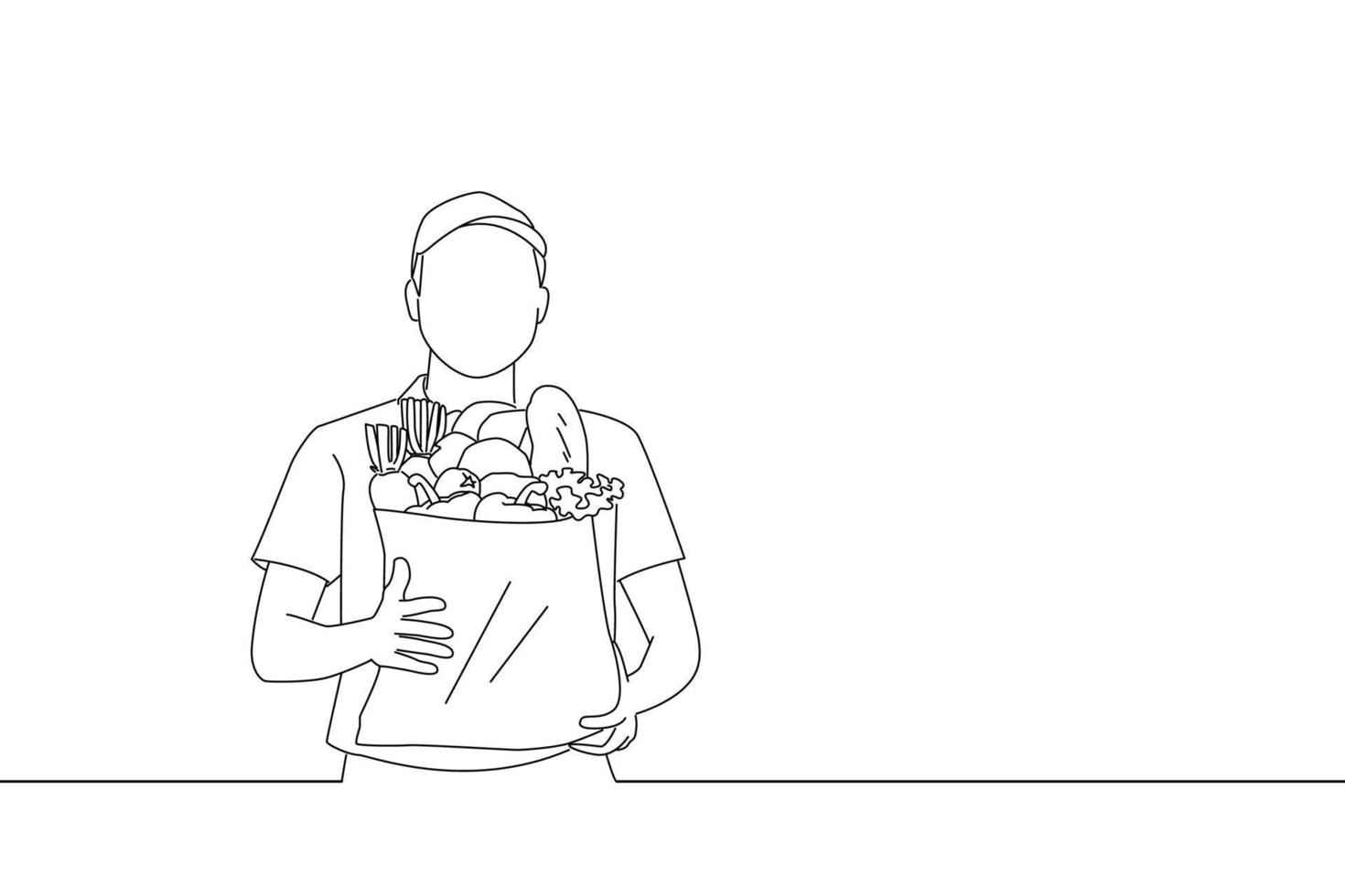 Drawing of delivery man holding fresh food paper bag door to door. One line art vector
