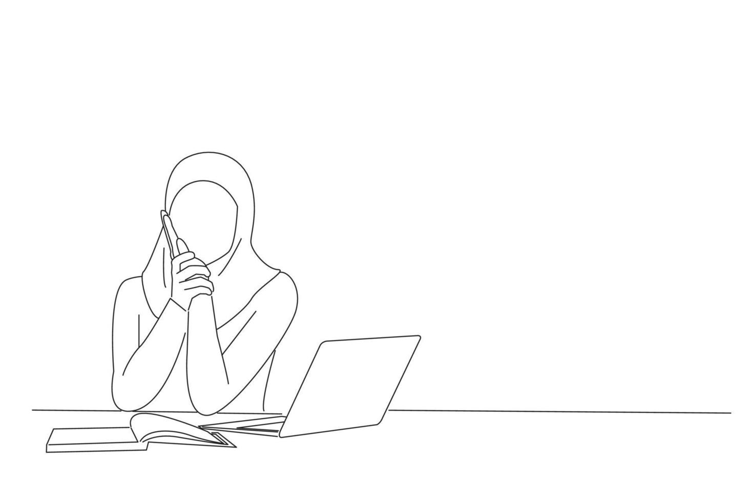 Drawing of unhappy arabic business woman in hijab suffering from toothache and cavity, touching her cheek with miserable face. Single line art style vector