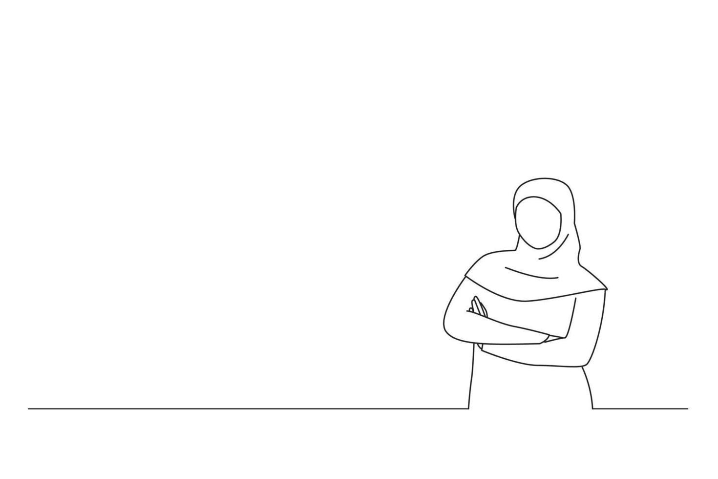 Cartoon of smiling cute young arabian muslim woman in hijab holding hands crossed. One line art vector