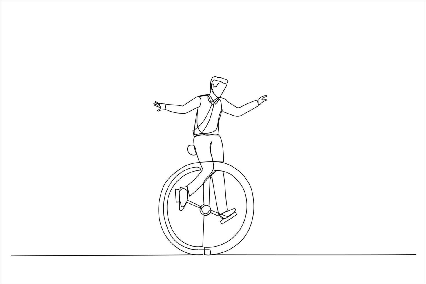 Drawing of businessman riding vintage clock bicycle. Time management or work life balance concept. Single line art style vector