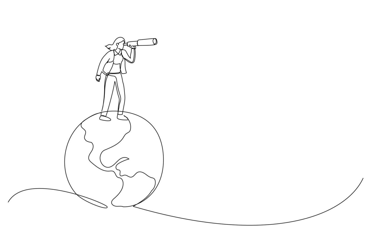 Illustration of businesswoman standing on planet earth globe using telescope search new opportunity. Globalization, global business vision. One line art style vector