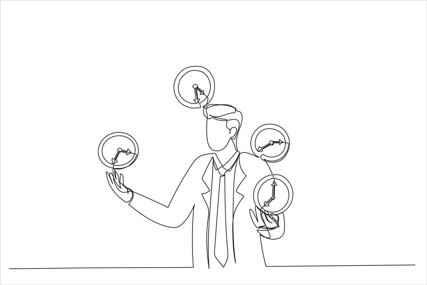 Illustration of business man successfully juggling managing time . Successful time management metaphor. One line art style vector