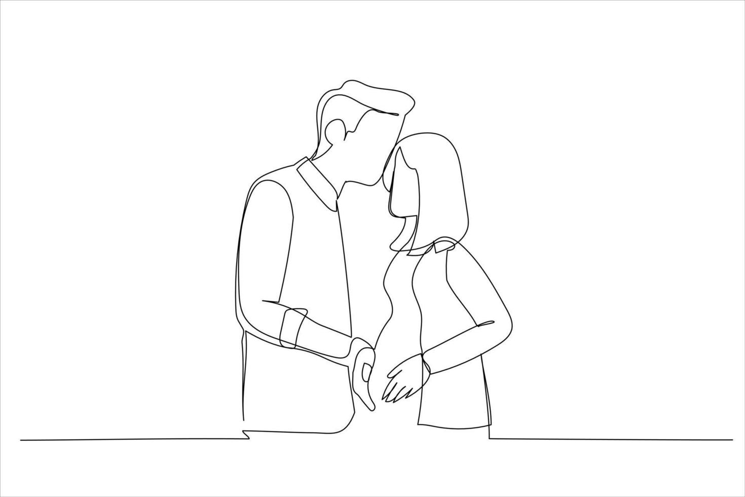 Drawing of loving couple waiting for baby, young husband touching pregnant wife belly. Single line art style vector