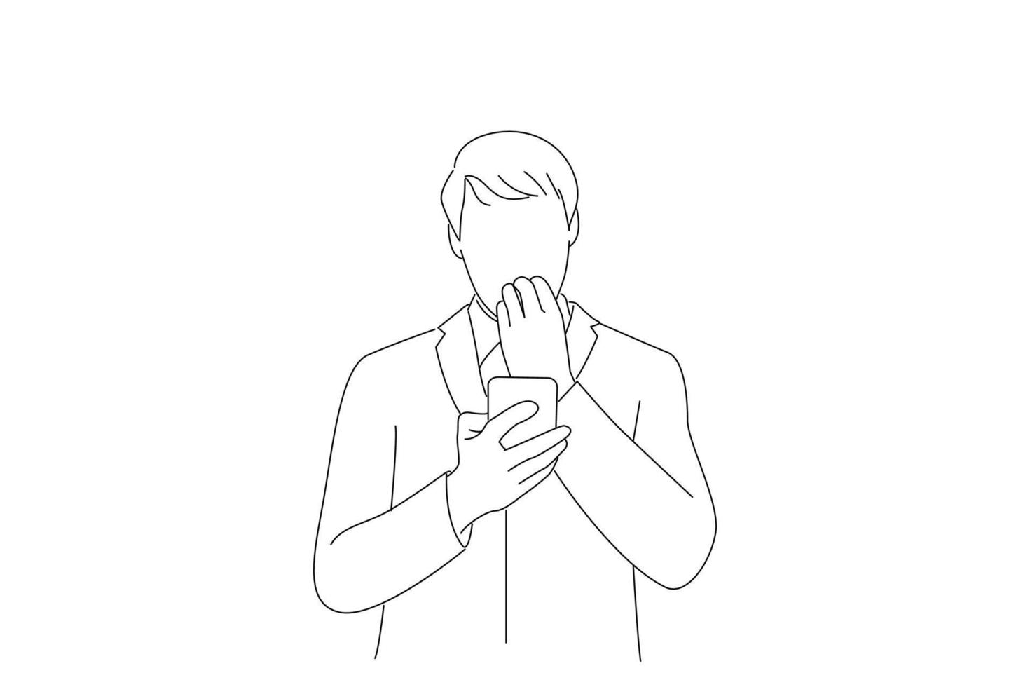 Drawing of scared businessman looking at his mobile phone. Line art style vector