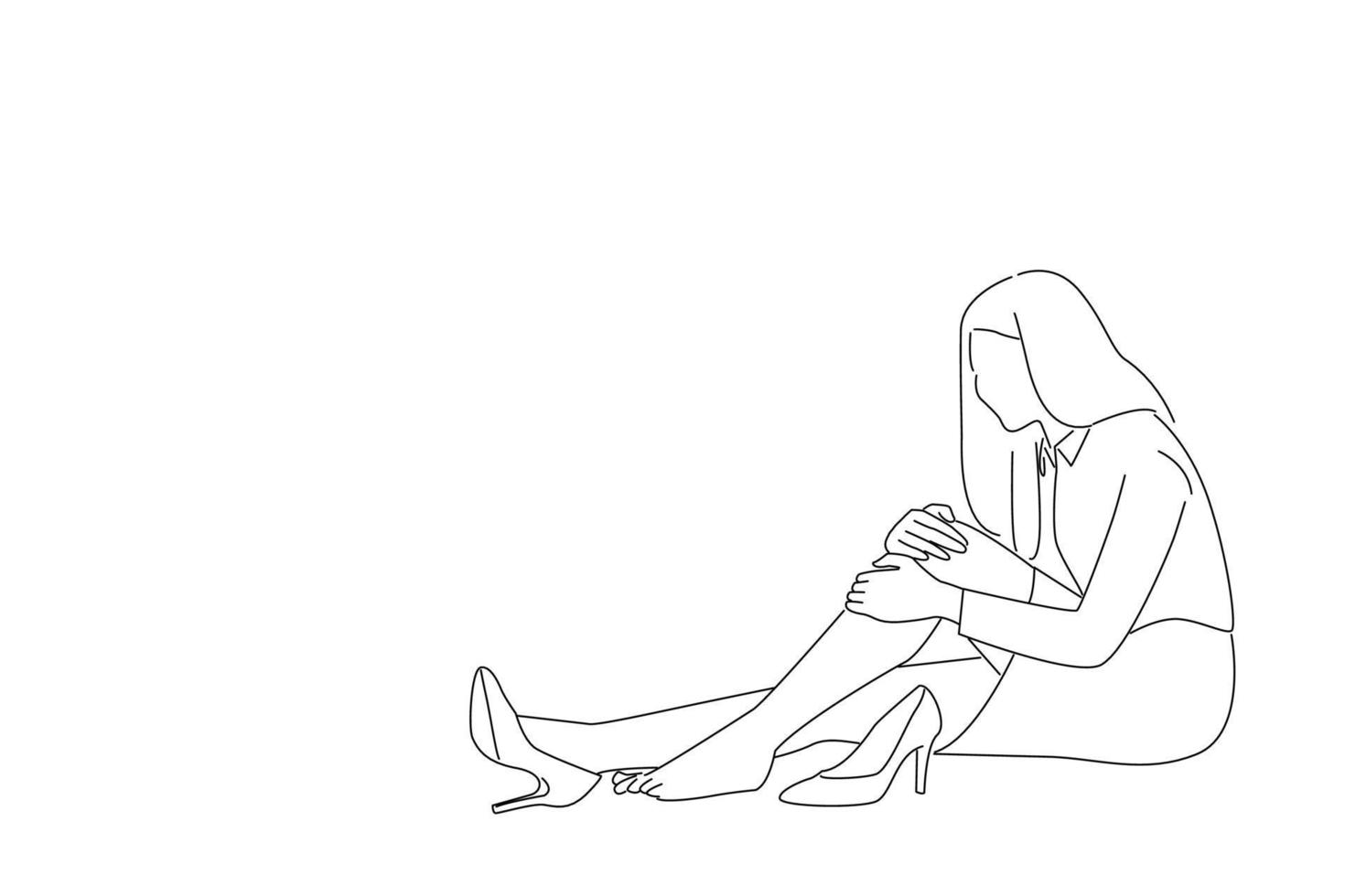 Drawing of businesswoman with knee problems sitting. line art style vector