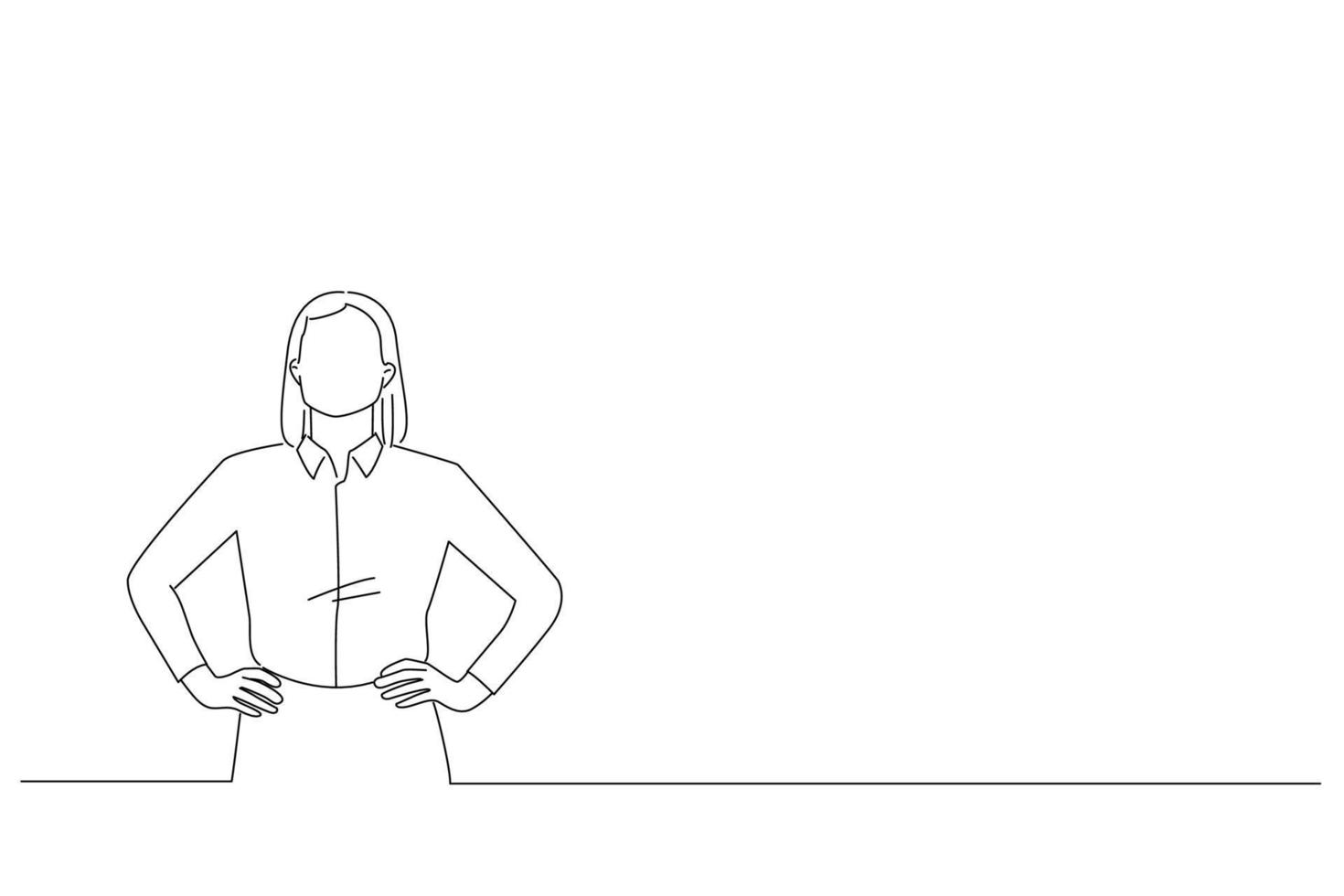 Drawing of young woman standing with hands on waist. Outline drawing style art vector
