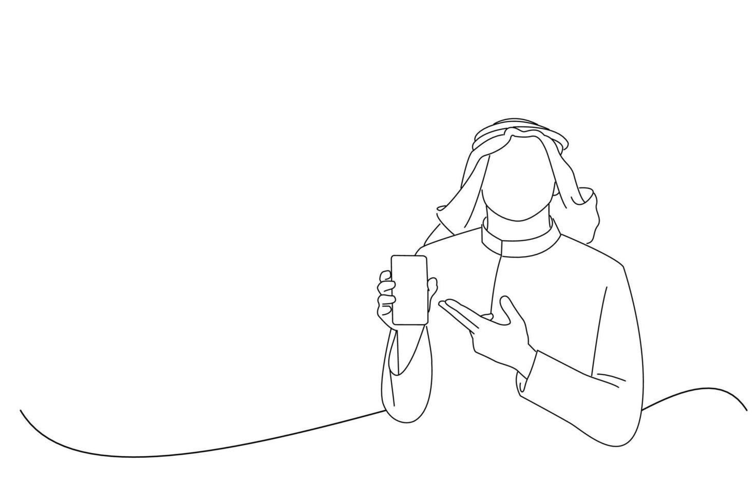 Cartoon of arab business man holding a phone for presentation. Line art style vector