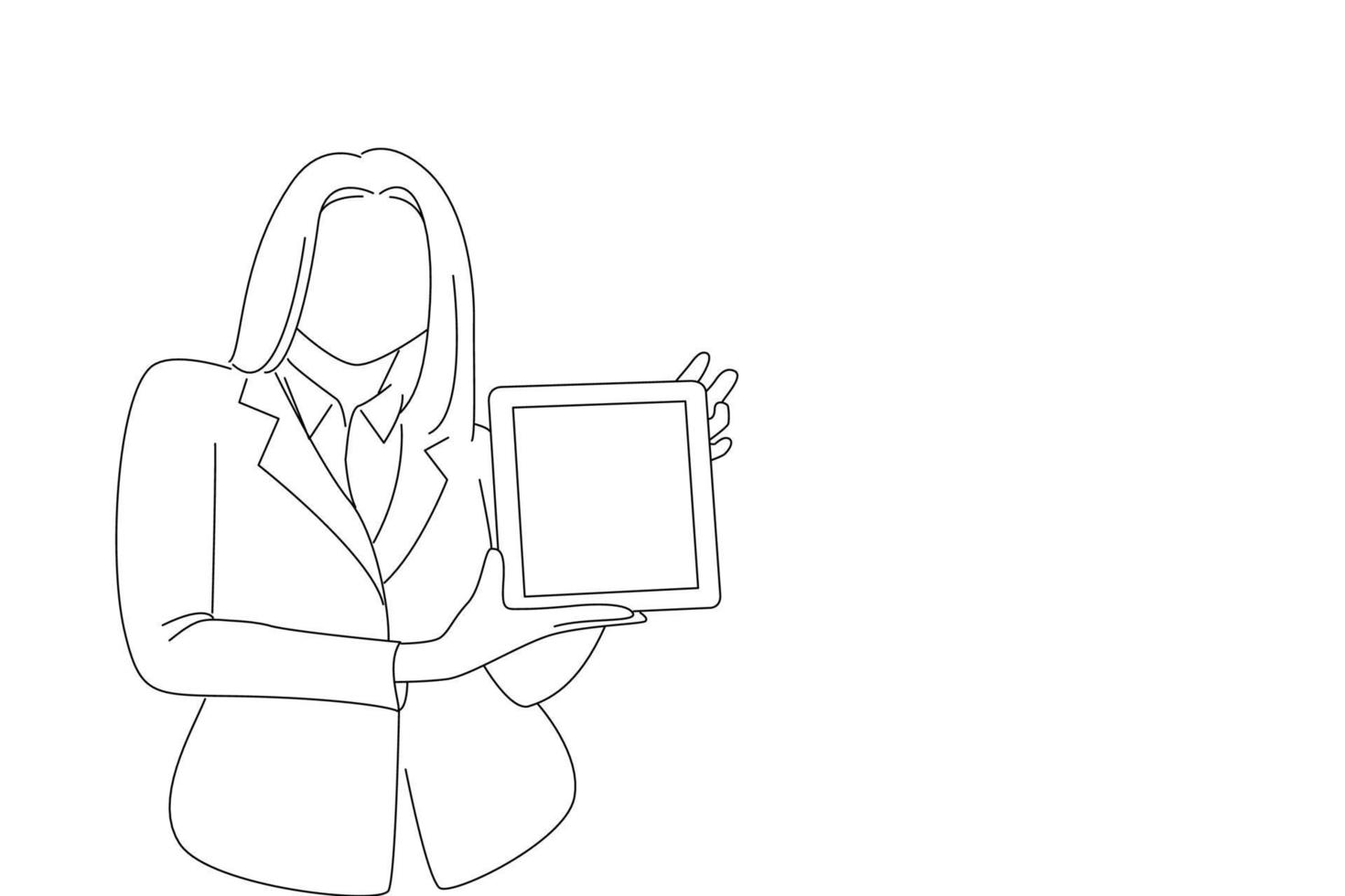 Drawing of casual smiling woman showing blank tablet computer screen looking at camera. Line art style vector
