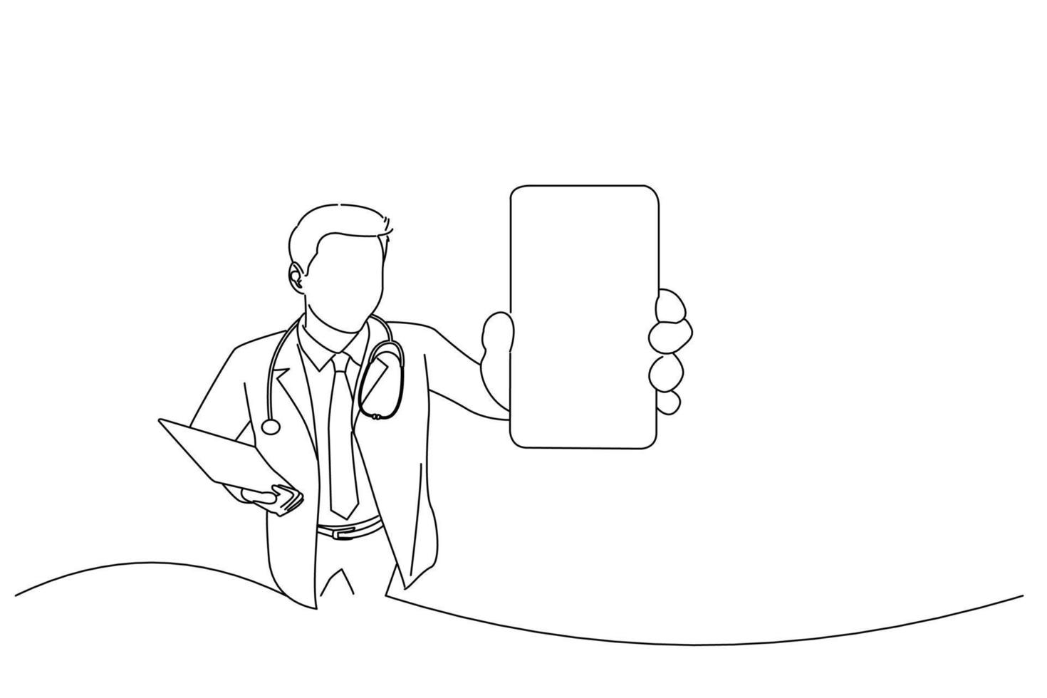 Illustration of young doctor holding a mobile phone. Outline drawing style art vector