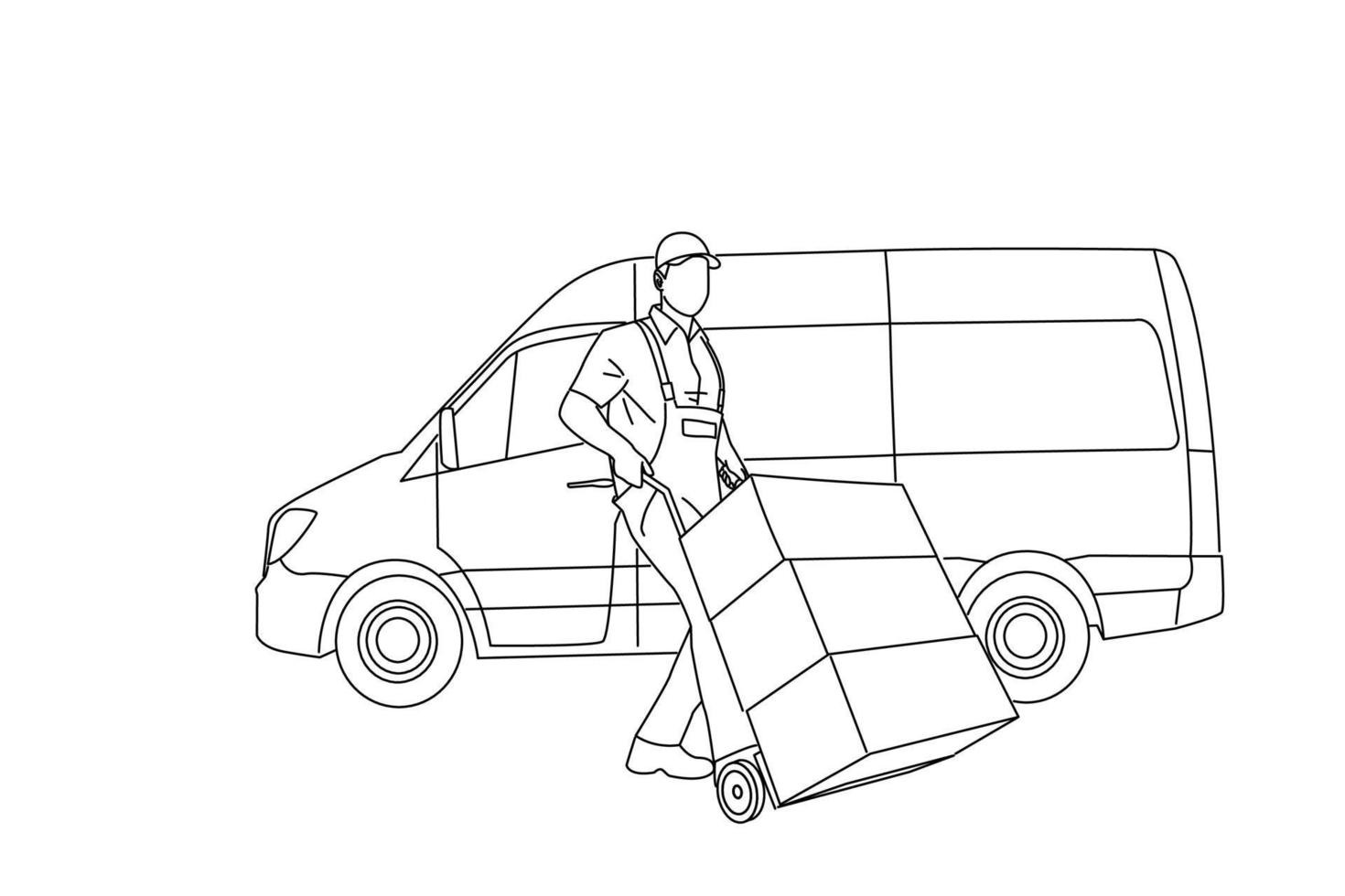 Cartoon of male delivery man wear uniform pushing a hand truck loaded with boxes in front of van isolated on white background. Outline drawing style art vector