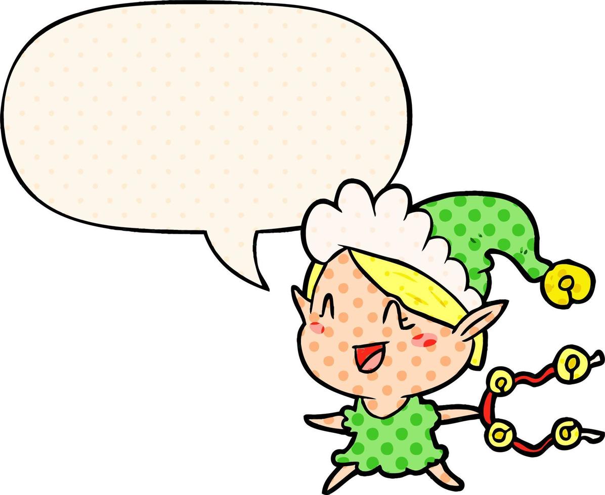 cartoon happy christmas elf and speech bubble in comic book style vector