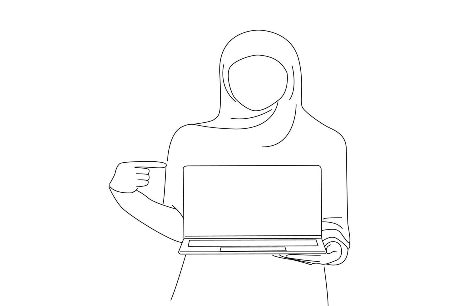 Illustration of happy muslim girl in headscarf pointing at laptop with black screen in her hand. Line art style vector