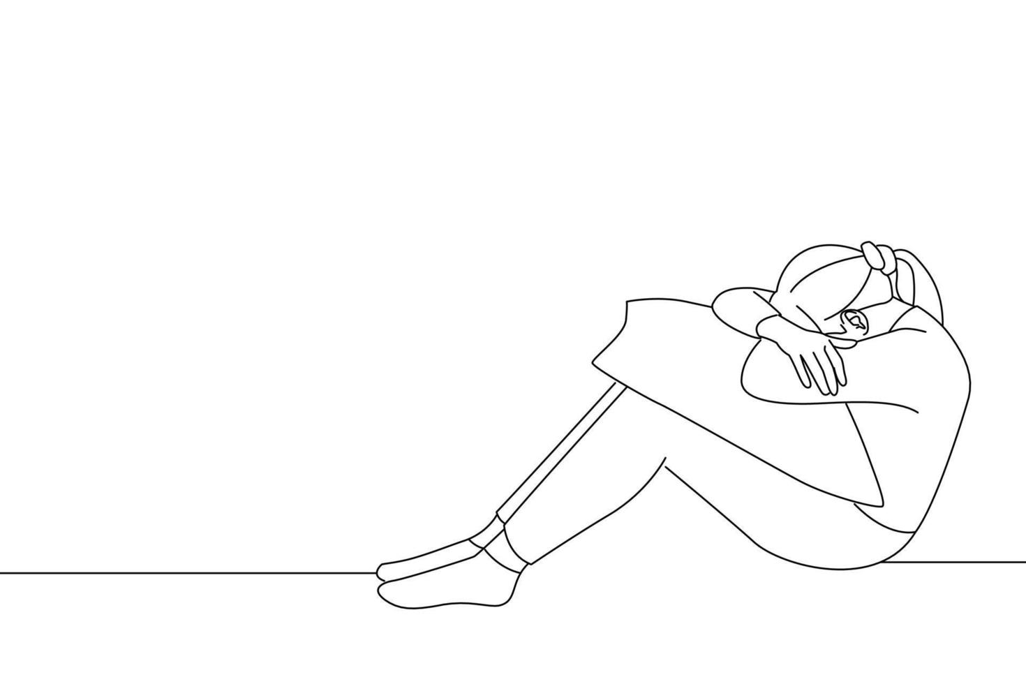 Drawing of woman sit depression and anxiety with white background for copy space.. One line art vector