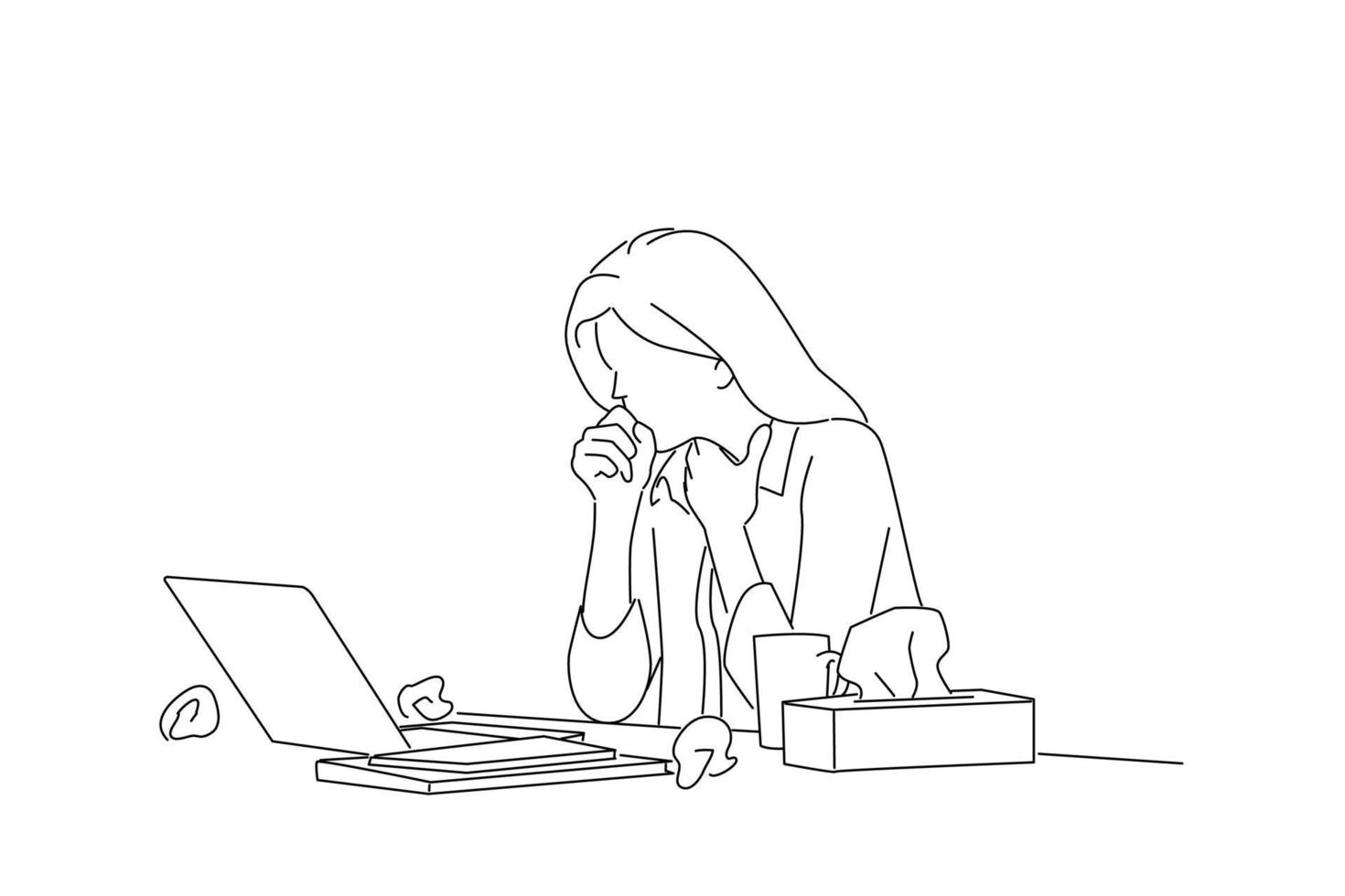 Illustration of sad business woman suffering from cold while working with laptop at table. Outline drawing style art vector