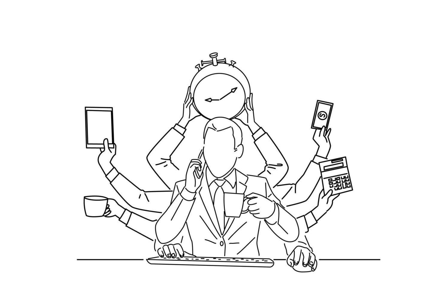 Drawing of Businessman with many hands works simultaneously. line art style vector