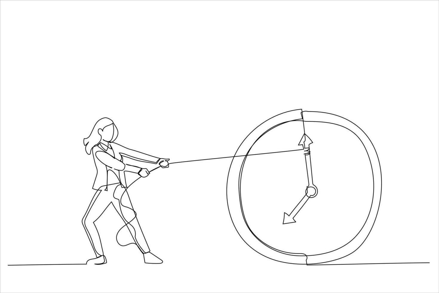 Drawing of Businesswoman trying to slow down and stop time. Stopping time metaphor. Single line art style vector
