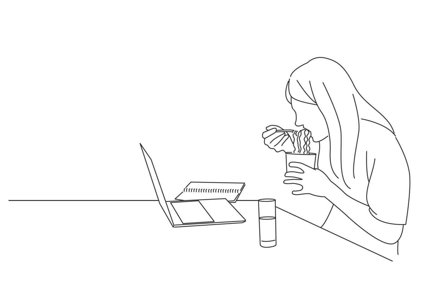 ilustración de una mujer de negocios comiendo fideos instantáneos mientras trabaja en una computadora portátil en la oficina de su casa. estilo de dibujo de arte de una línea vector