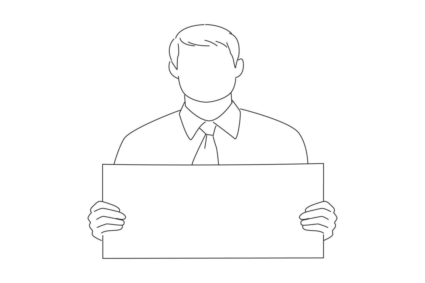 Drawing of young businessman showing blank signboard, with copyspace area for text or slogan. Line art style vector