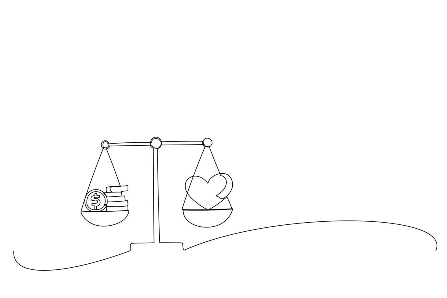 Drawing of heart with cardiogram and pile of money on scales. Life choice health or career metaphor. Single line art style vector