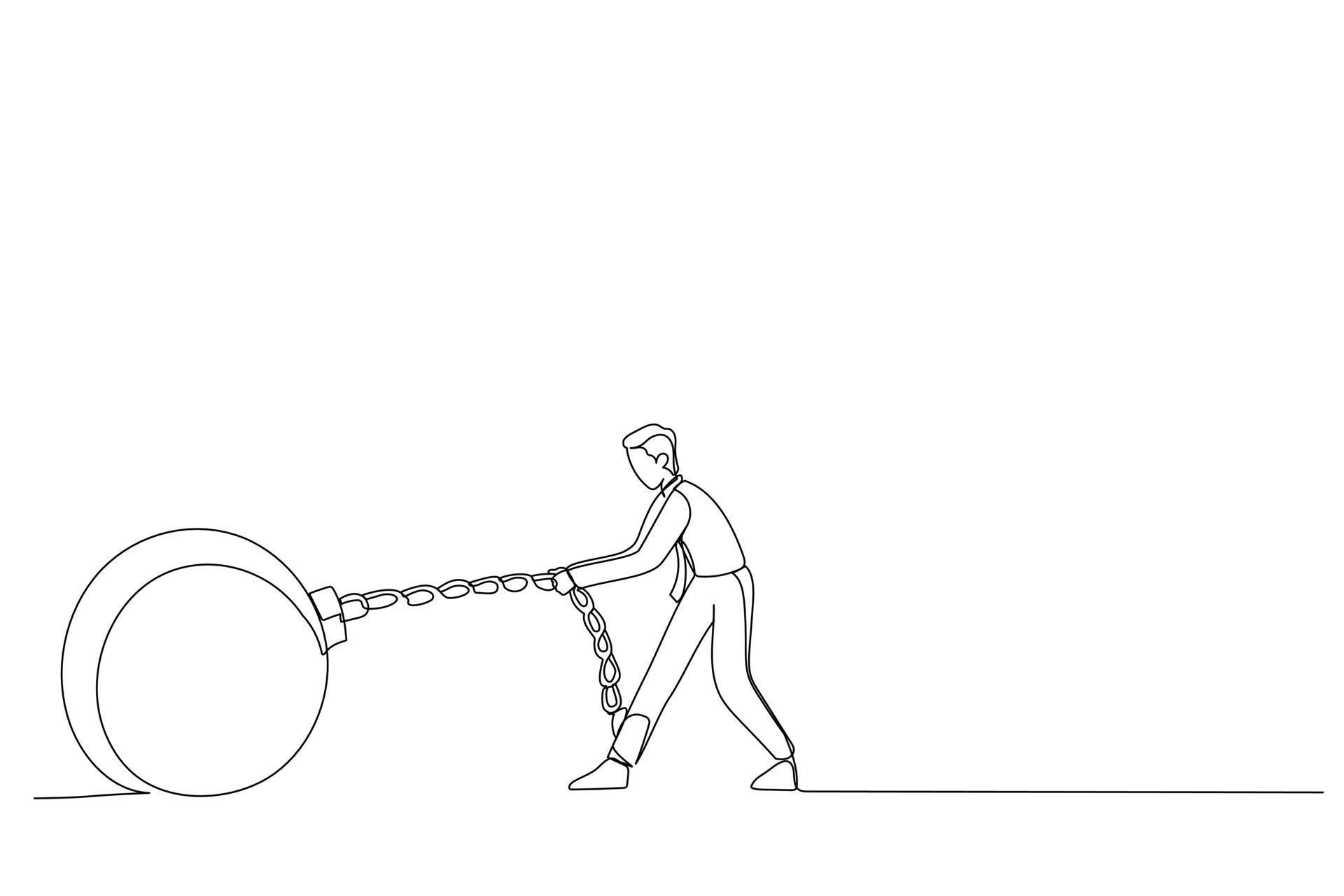 Drawing of businessman pulling hard big Iron ball chained to his leg