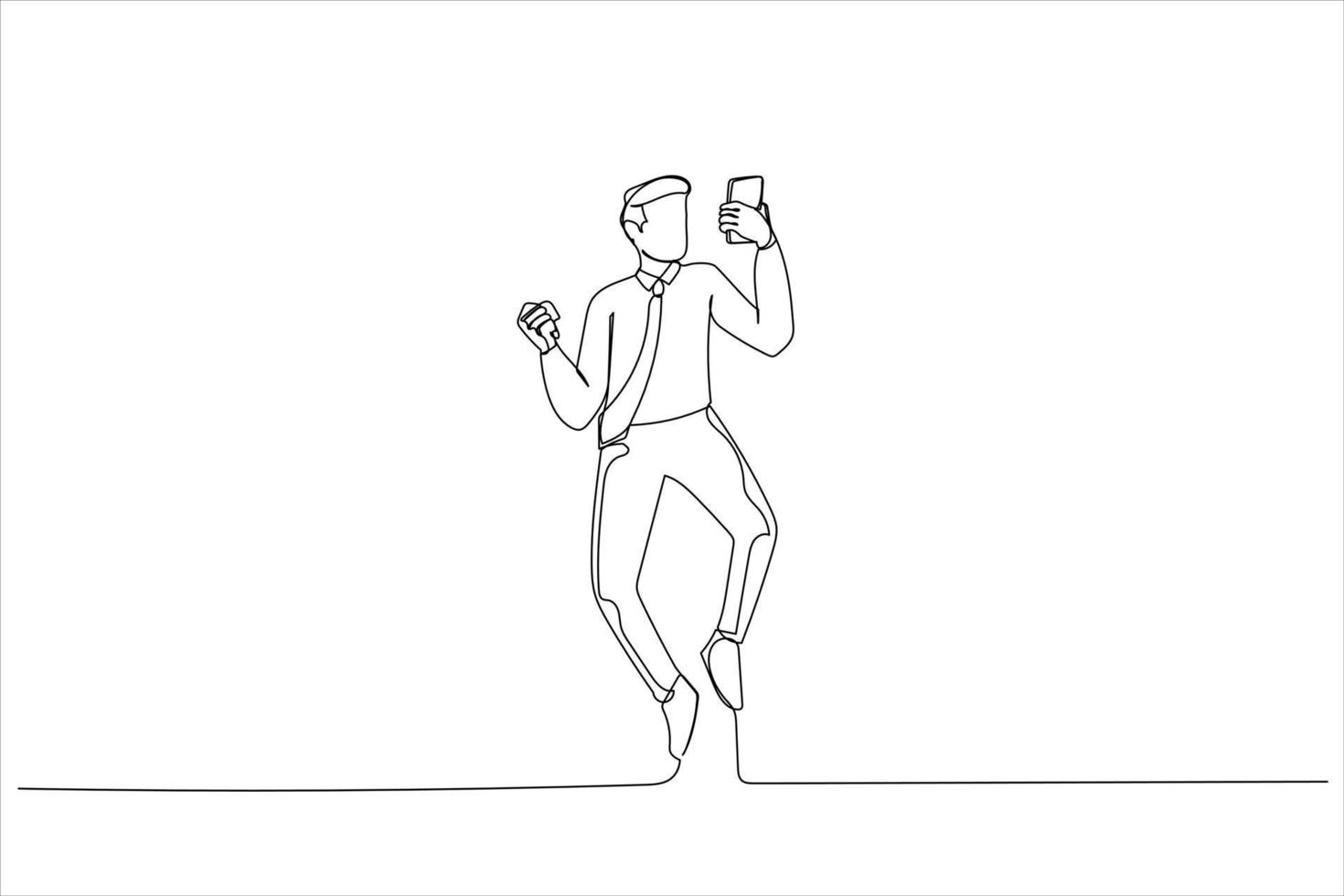 Illustration of man standing isolated over white background, using mobile phone, celebrating, jumping. One continuous line art style vector