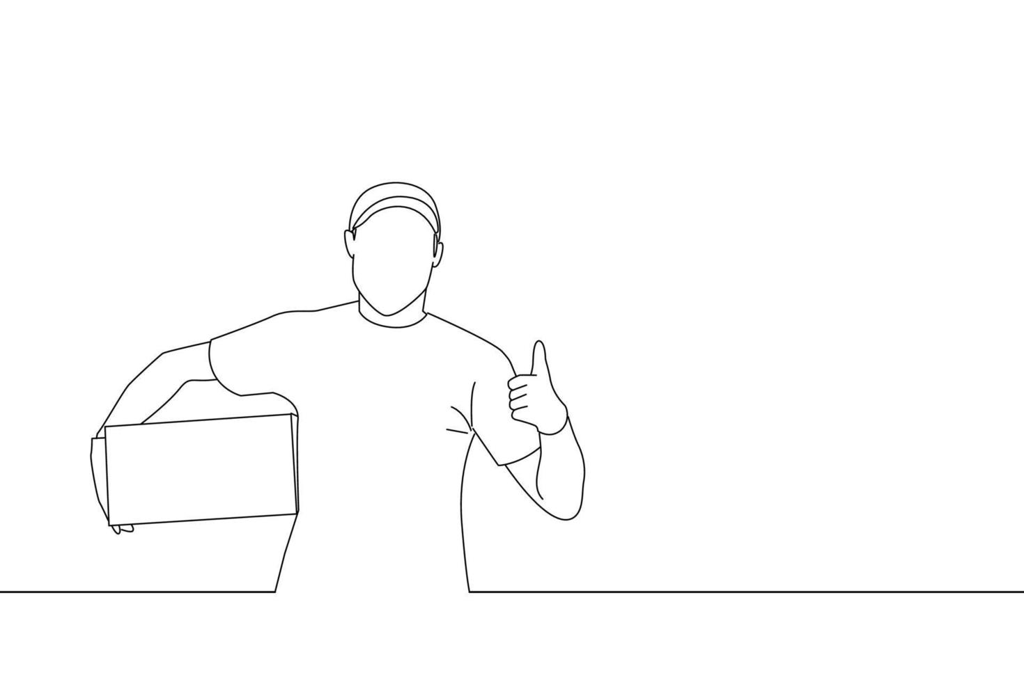 Cartoon of delivery man employee hold empty cardboard box and thumb up. Line art style vector