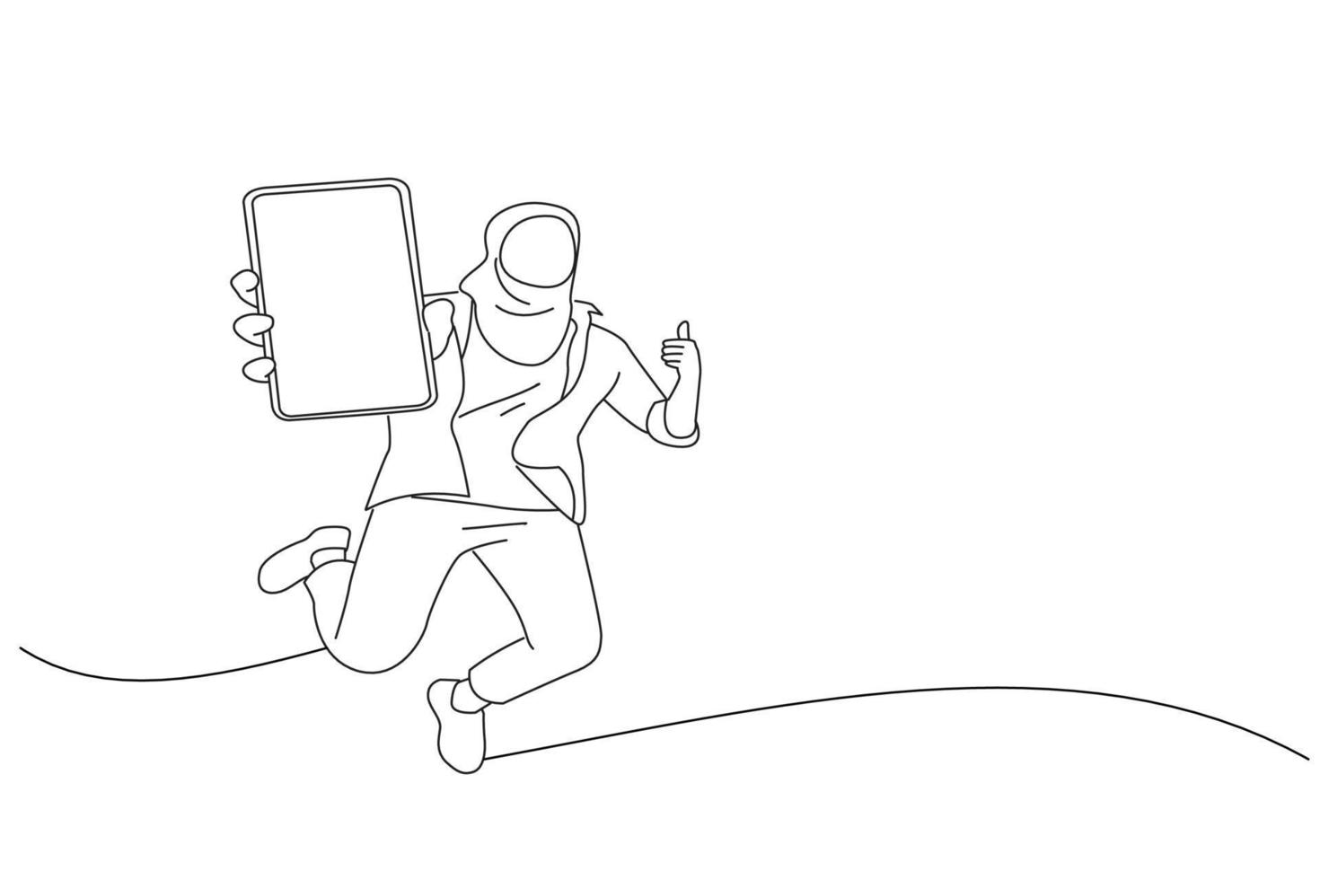 Illustration of cheerful girl redhead asian muslim teenager jumping up, showing thumb up and newest smartphone with empty screen. Outline drawing style art vector