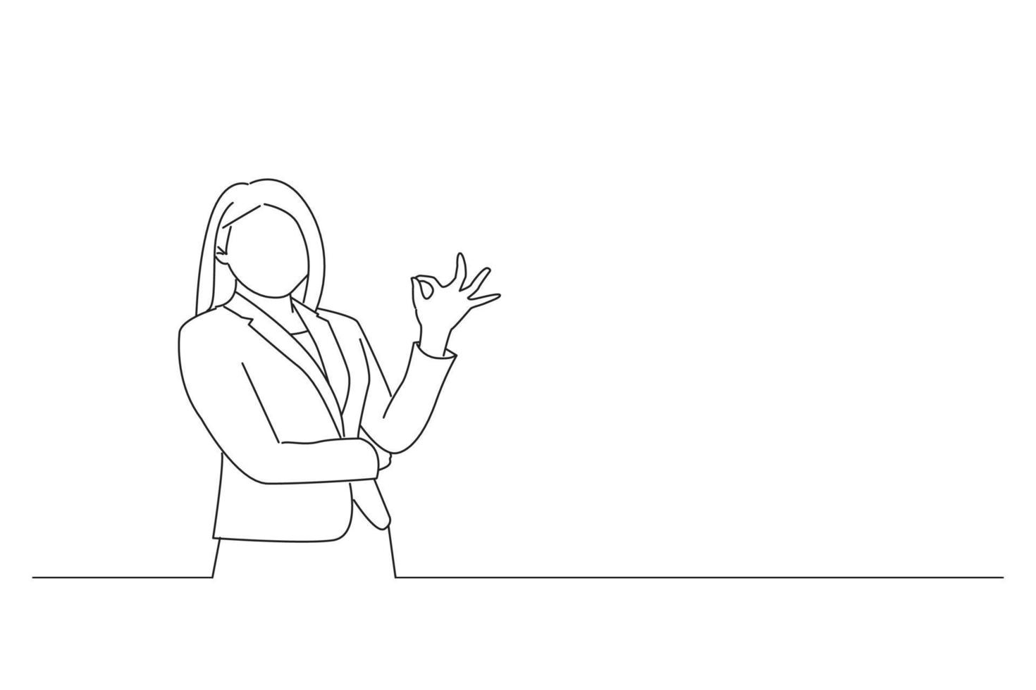 Illustration of young business woman showing OK sign. Outline drawing style art vector