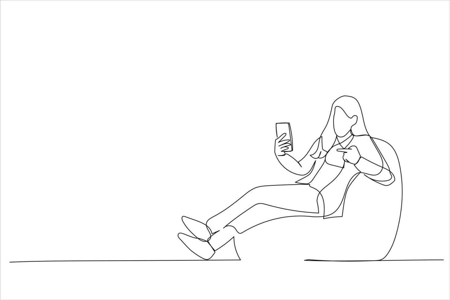 Illustration of young businesswoman sit in bag chair hold use pointing index finger on mobile cell phone. One line art style vector