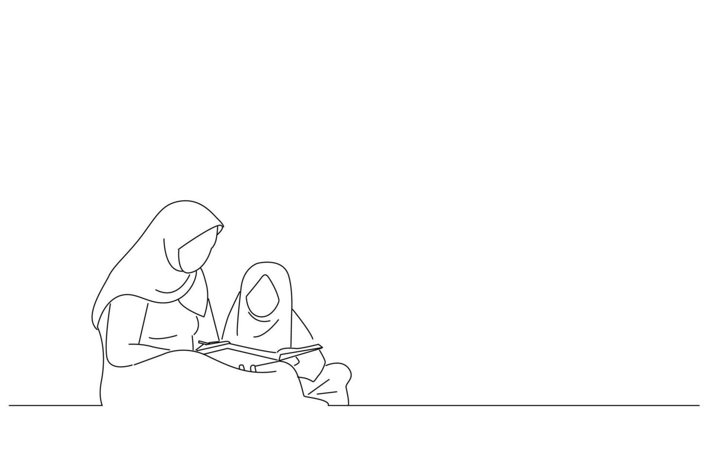 Drawing of muslim mother teach her daughter reading koran inside the mosque. One line art vector