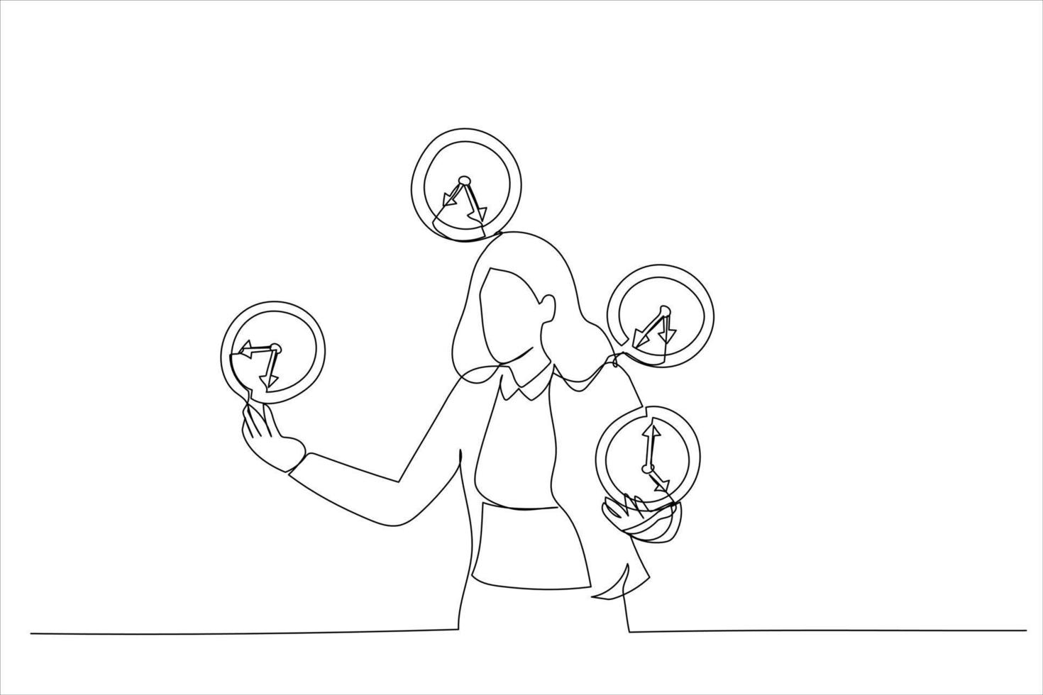 Illustration of business woman successfully juggling managing time . Successful time management metaphor. One line art style vector