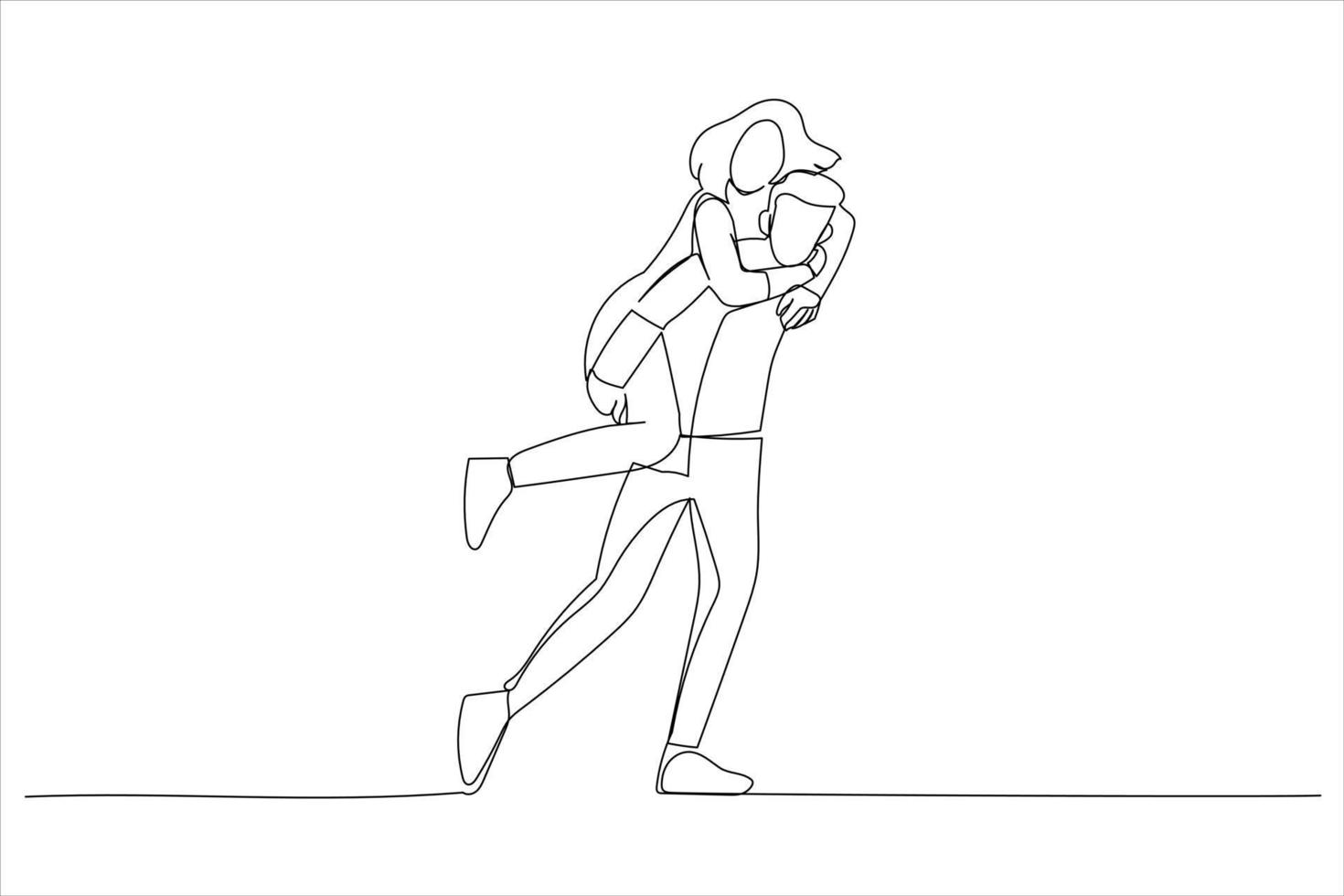 Illustration of happy Asian groom gives a bride piggyback ride. One line style art vector