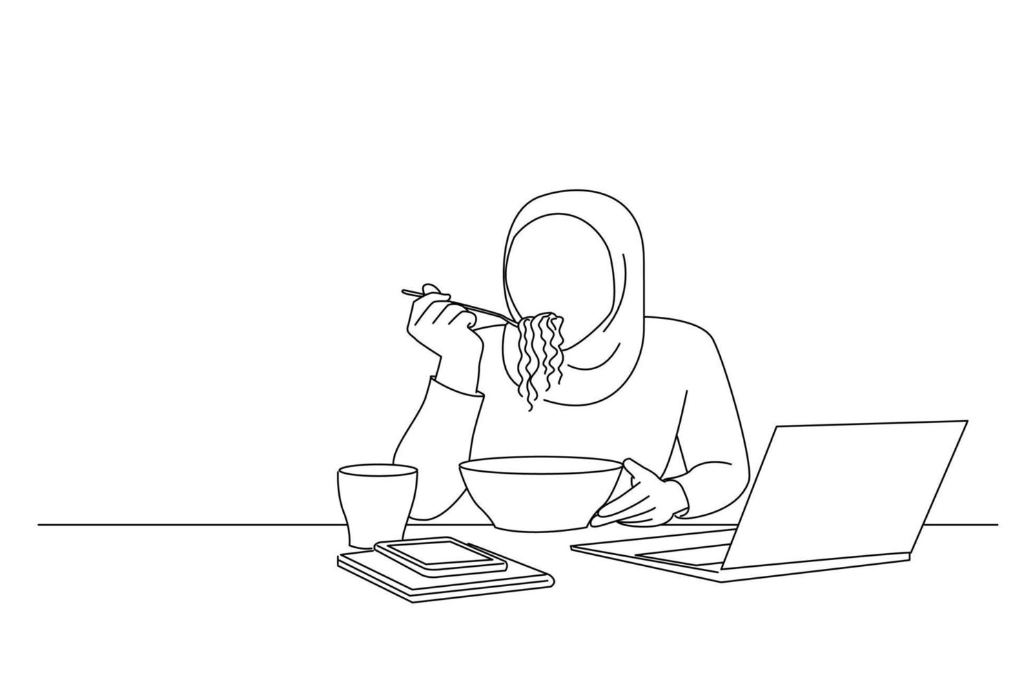 Drawing of muslim woman eating instant noodles after work overtime at office. One line art vector