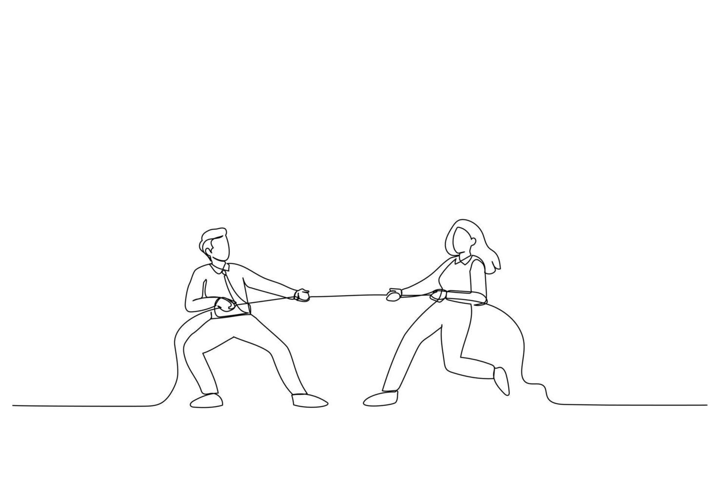 Drawing of Tug of war. Man and woman are pulling rope. Business competitive metaphor. Single line art style vector