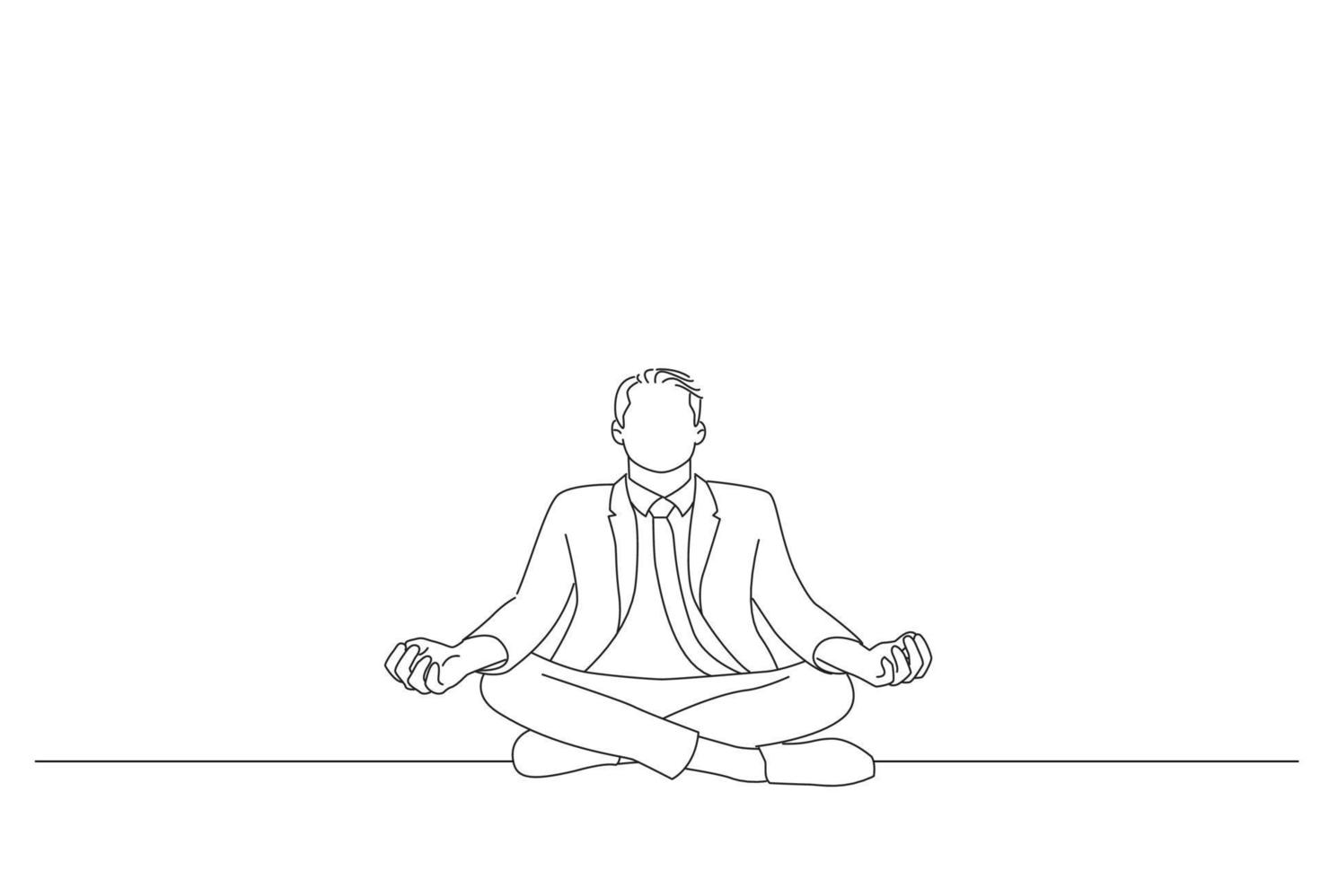 Cartoon of peaceful businessman sitting in lotus pose relaxing. Line art style vector