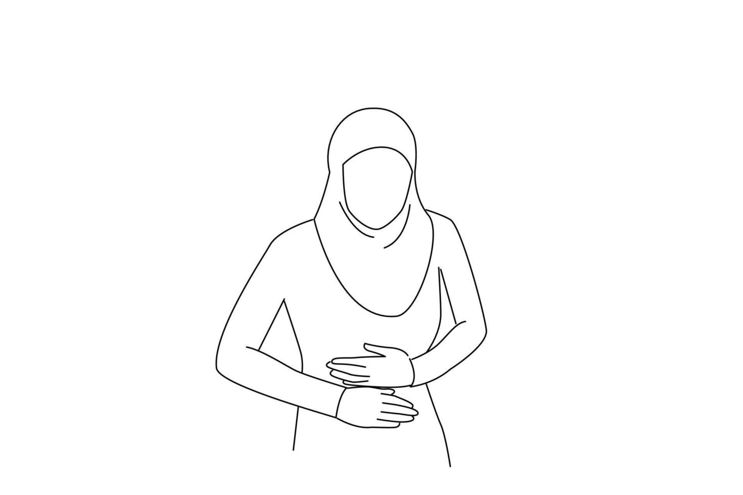 Cartoon of muslim business woman in hijab suffering from acute stomach ache because food poisoning. Continuous line art style vector