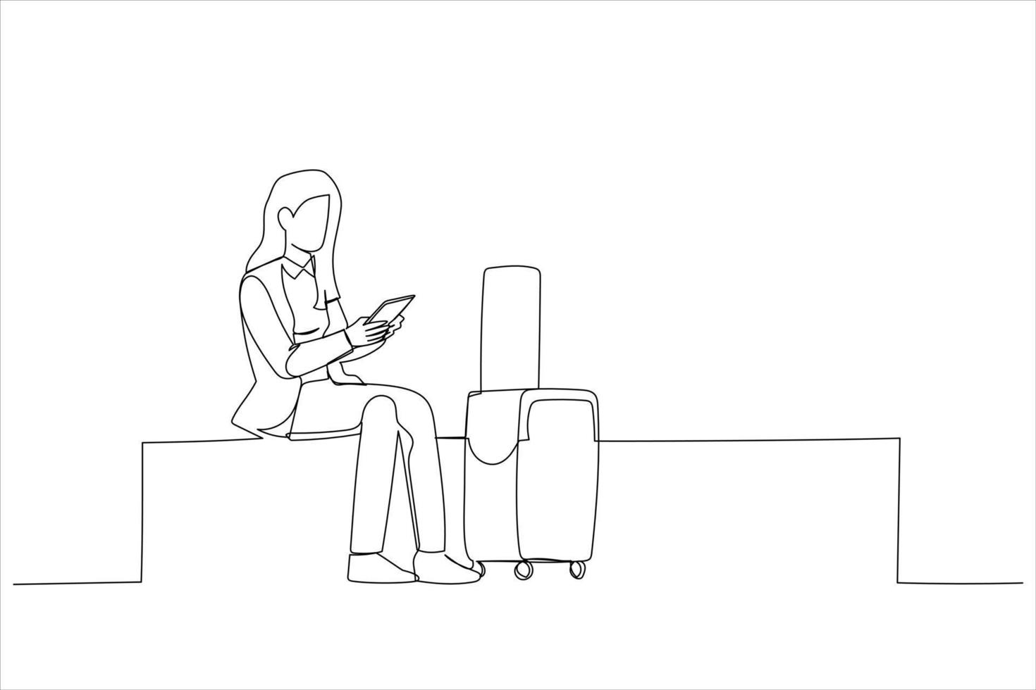 Drawing of young woman waiting and using mobile phone at the airport. Single line art style vector