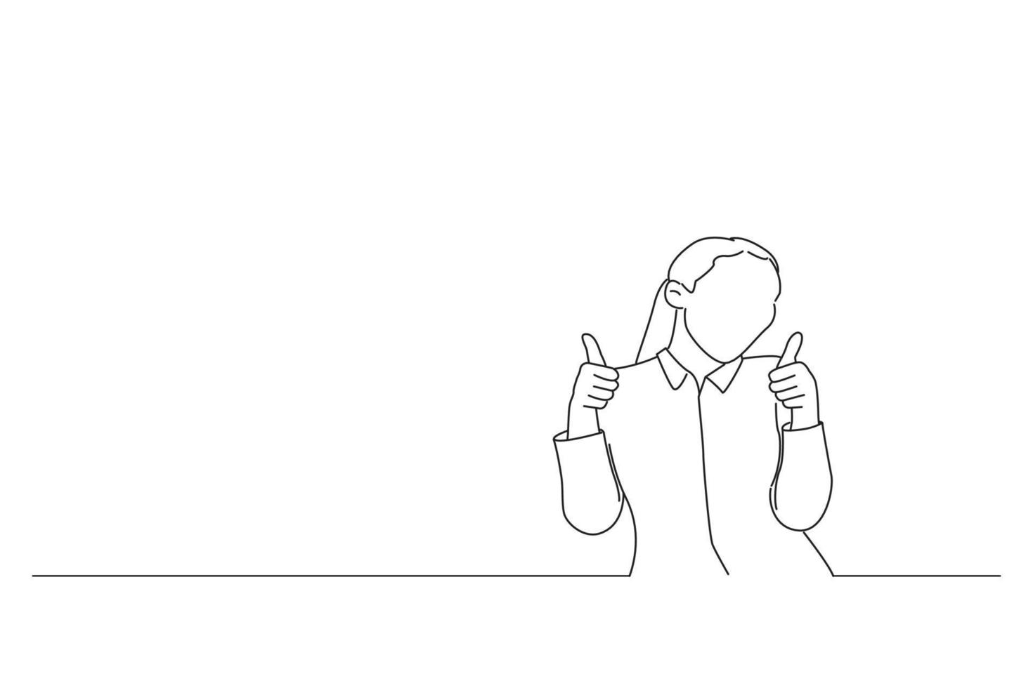 caricatura de una hermosa y feliz mujer de negocios que muestra el símbolo del pulgar hacia arriba con dos manos. estilo de dibujo de arte de una línea vector